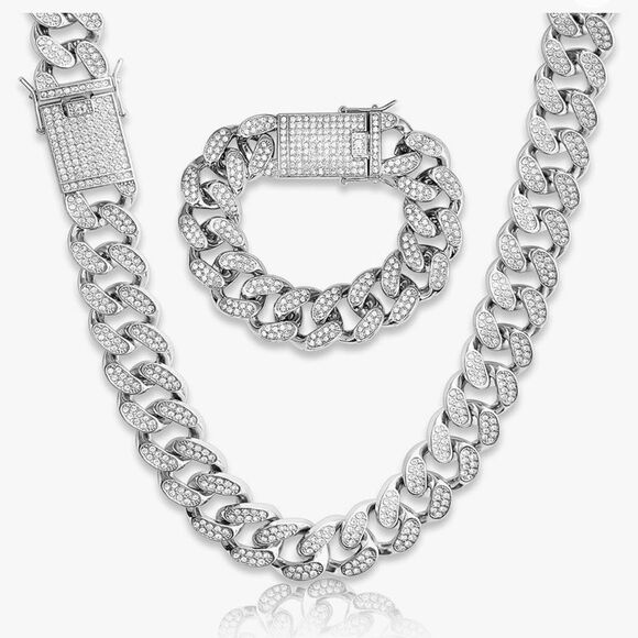 EMESLY Cuban Chain Silver Necklace 16” Length, Hip Hop Bracelet 7.87" Length - Picture 1 of 7